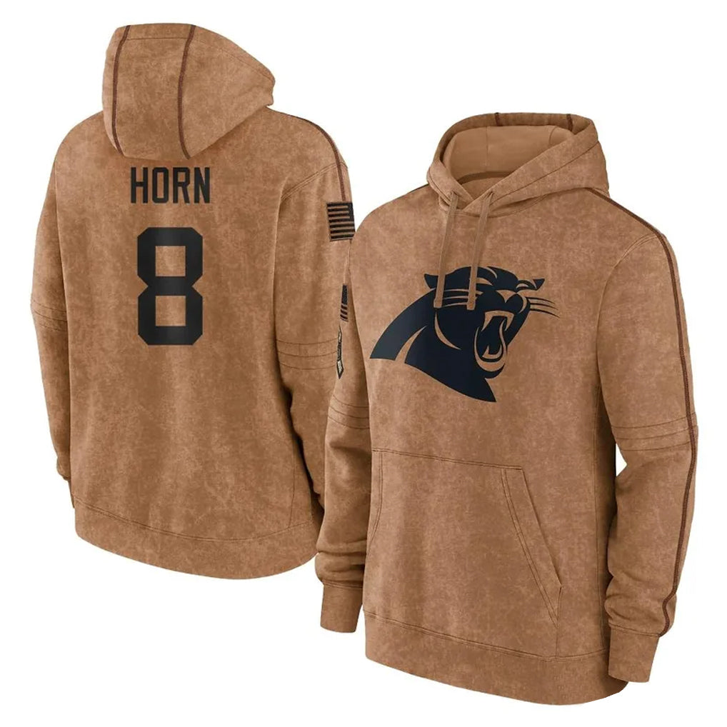tocy C.Panthers #8 Jaycee Horn Player Brown Salute to Service Hoodies Limited Stitched Jerseys