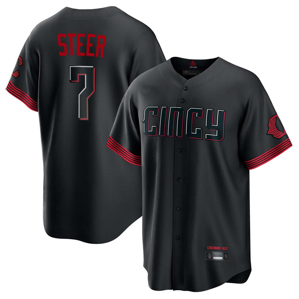 tocy C.Reds #7 Spencer Steer Player Black City Connect Home Game Stitched Jerseys