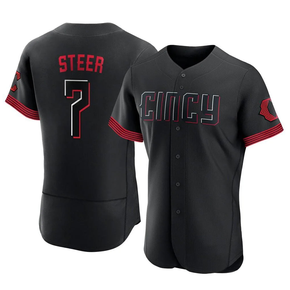 tocy C.Reds #7 Spencer Steer Player Black City Connect Limited Elite Home Stitched Jerseys