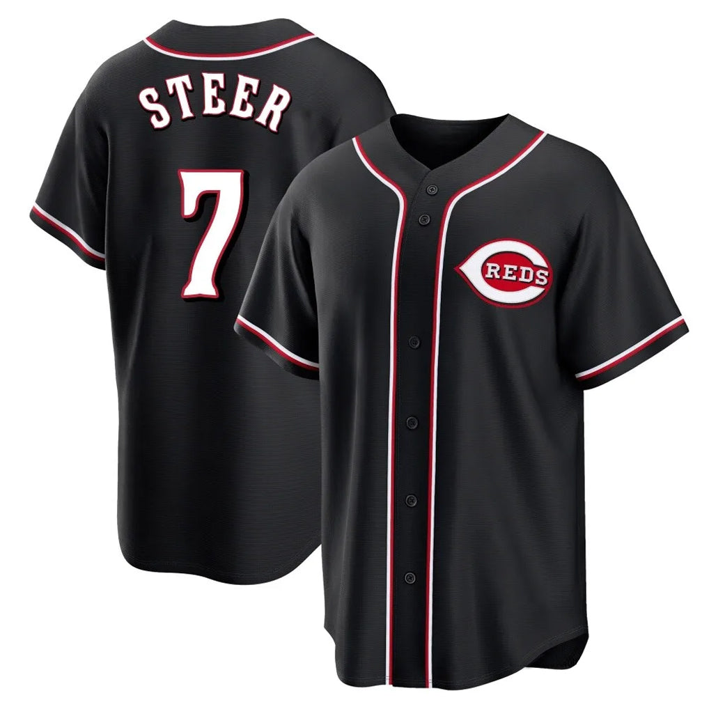 tocy C.Reds #7 Spencer Steer Player Black Fashion Out Home Game Stitched Jerseys