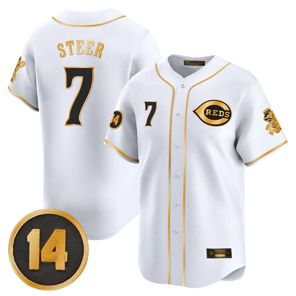 tocy C.Reds #7 Spencer Steer Player White-Gold Vapor Premier Limited Home Stitched Jerseys