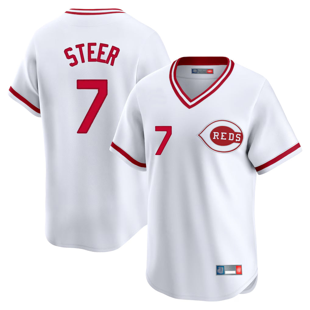 tocy C.Reds #7 Spencer Steer Player White Cooperstown Collection Limited T-shirt Home Stitched Jerseys