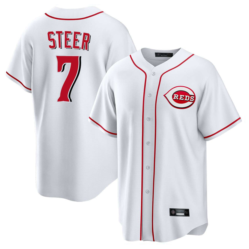 tocy C.Reds #7 Spencer Steer Player White Game Home Stitched Jerseys
