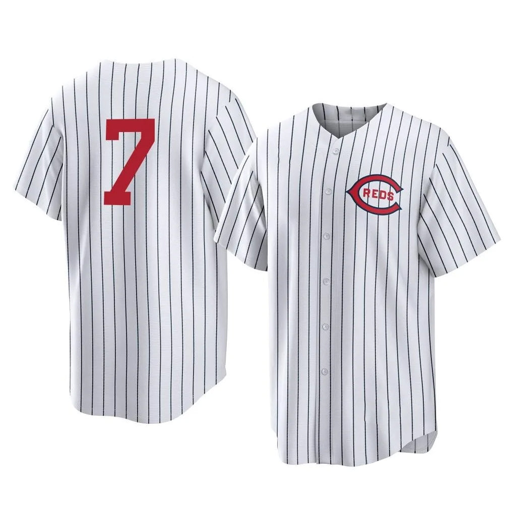 tocy C.Reds #7 Spencer Steer Player White Stripe Field of Dreams Game Home Stitched Jerseys