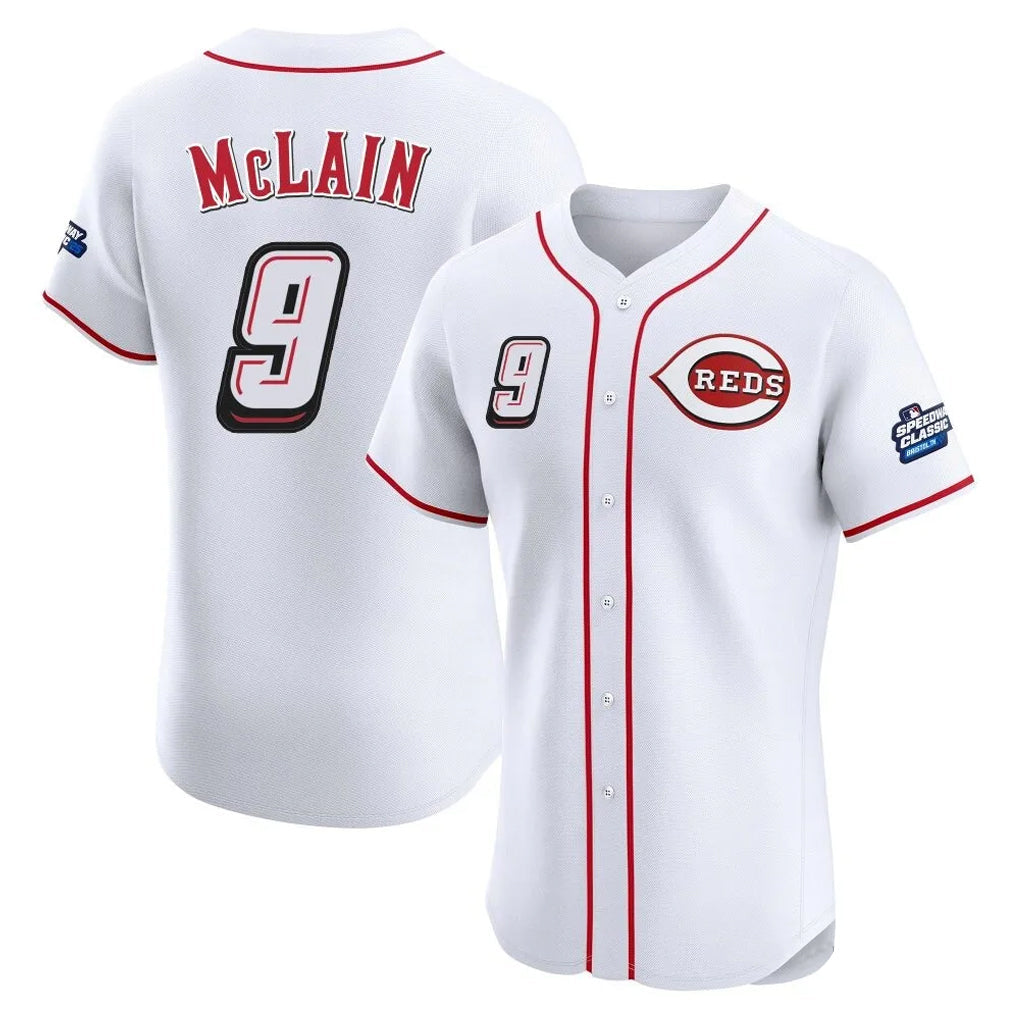 tocy C.Reds #9 Matt McLain Player White Speedway Classic Limited Elite Home Stitched Jerseys