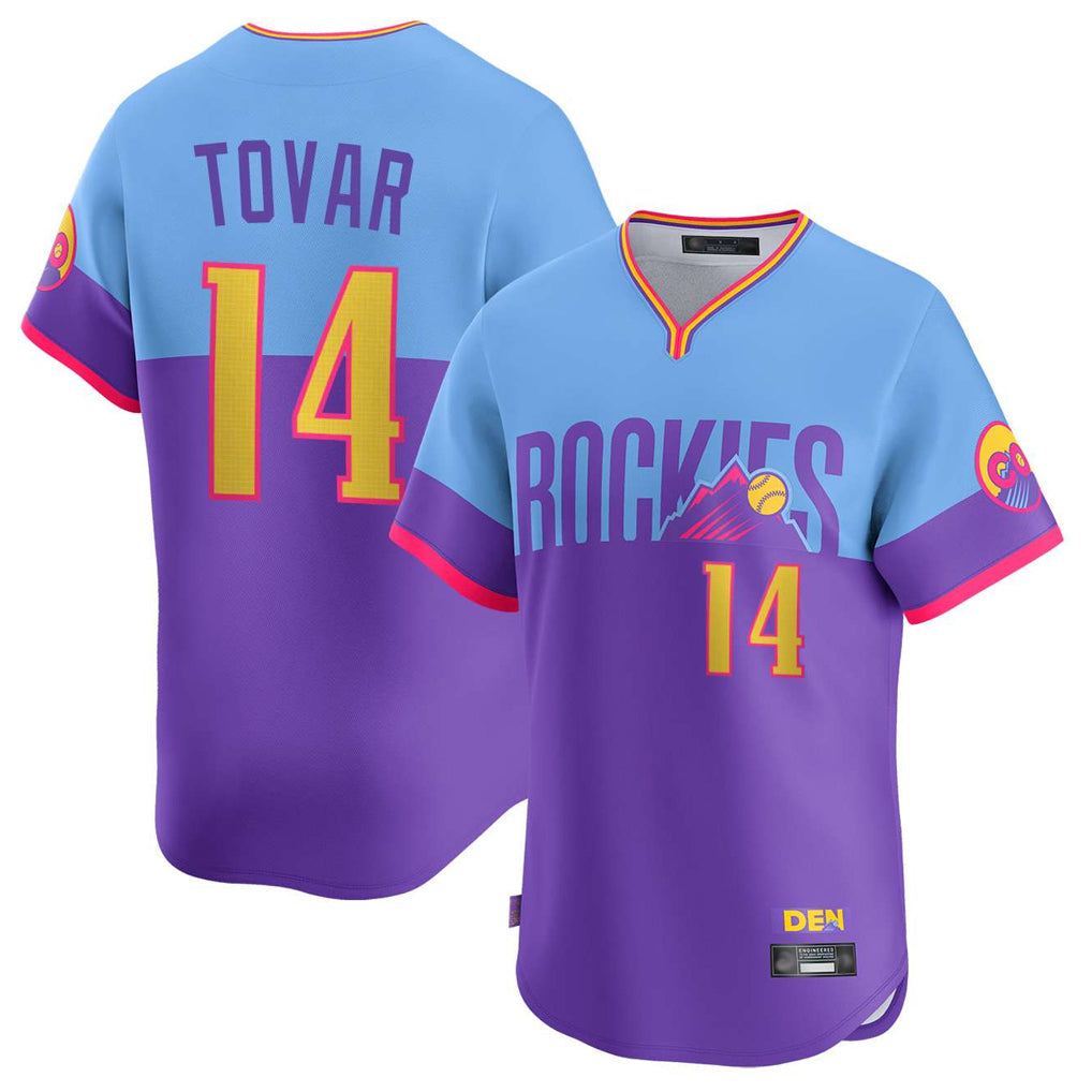 tocy C.Rockies #14 Ezequiel Tovar Player Purple-Light Blue City Connect Limited Home T-shirt Stitched Jerseys