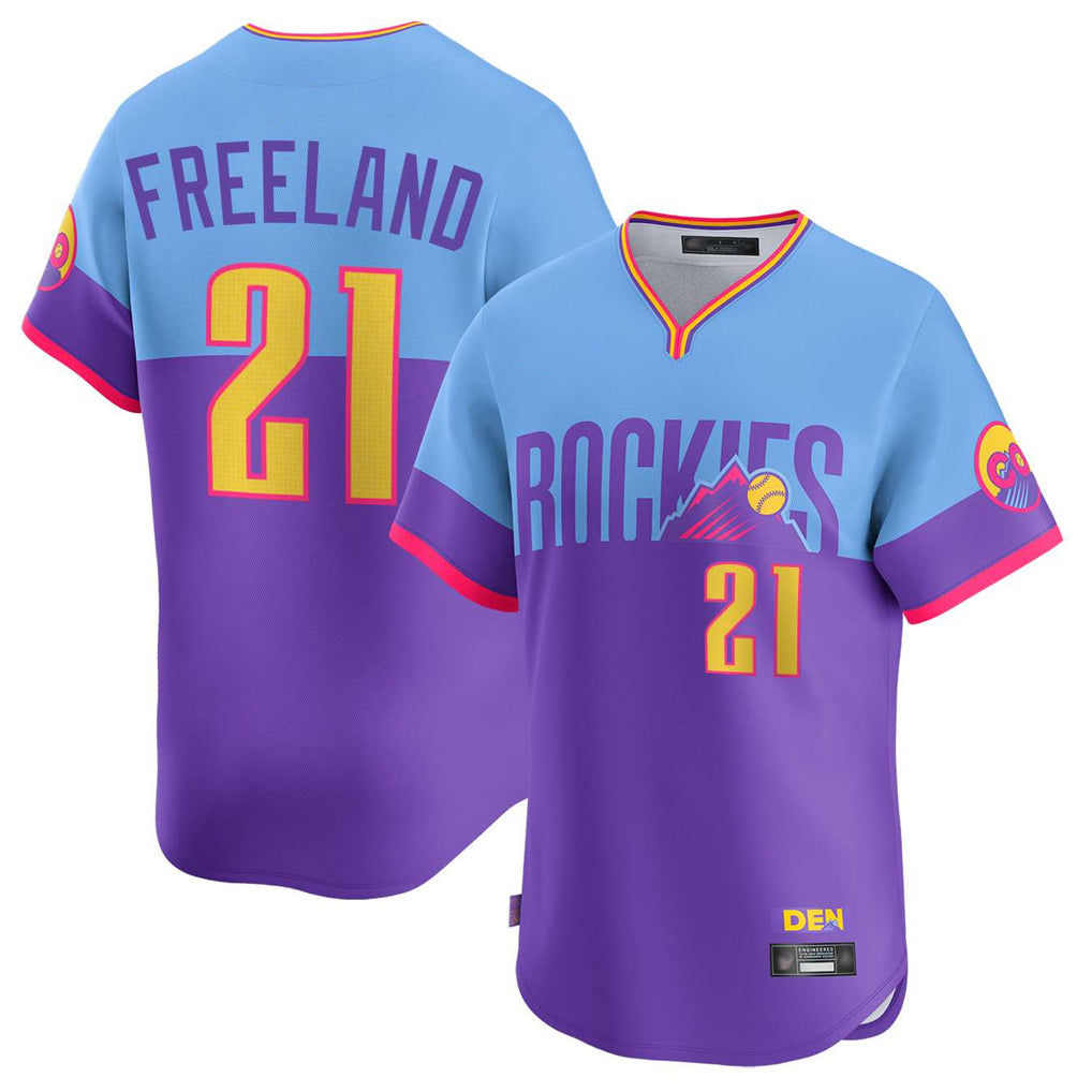 tocy C.Rockies #21 Kyle Freeland Player Purple-Light Blue City Connect Limited Home T-shirt Stitched Jerseys
