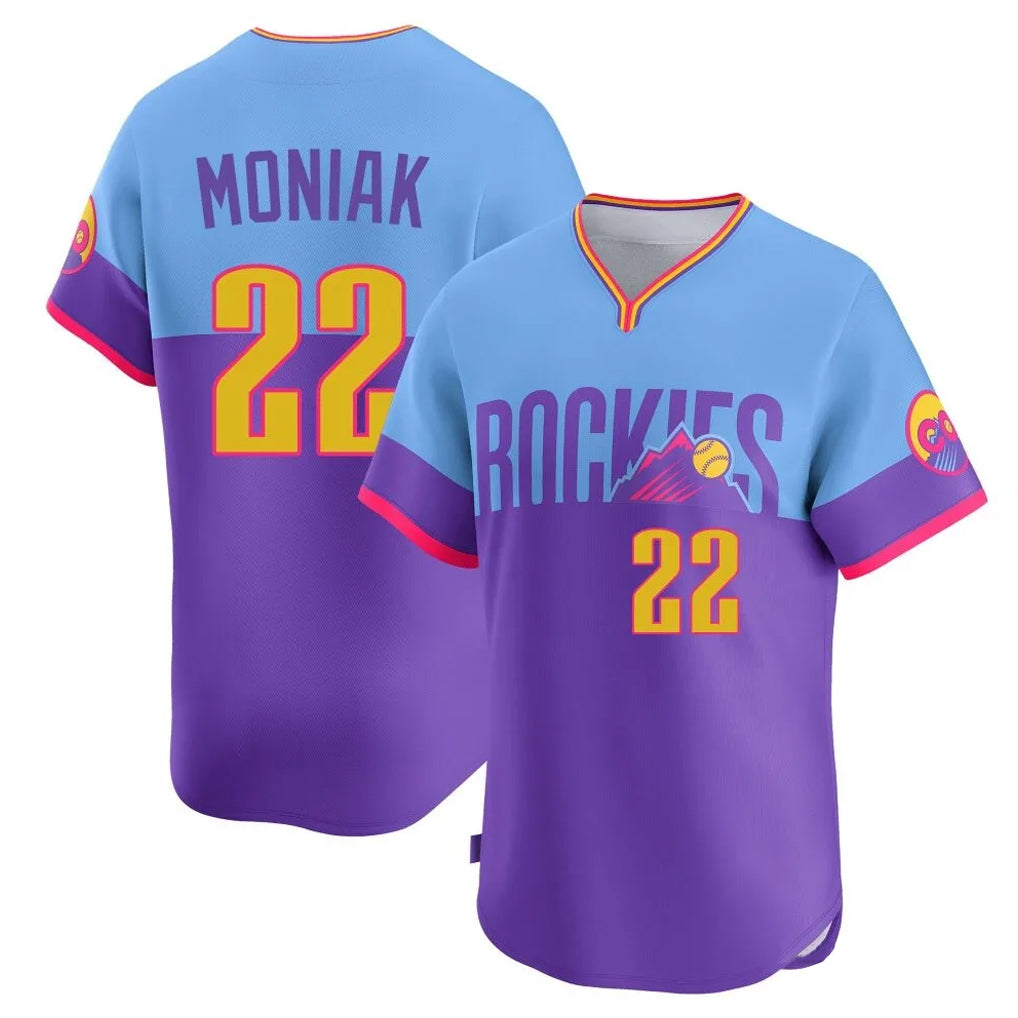 tocy C.Rockies #22 Mickey Moniak Player Purple-Light Blue City Connect Limited Home T-shirt Stitched Jerseys
