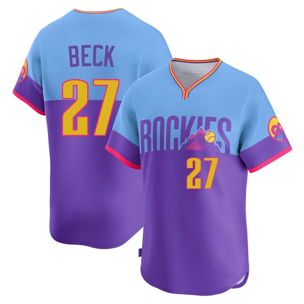 tocy C.Rockies #27 Jordan Beck Player Purple-Light Blue City Connect Limited Home T-shirt Stitched Jerseys