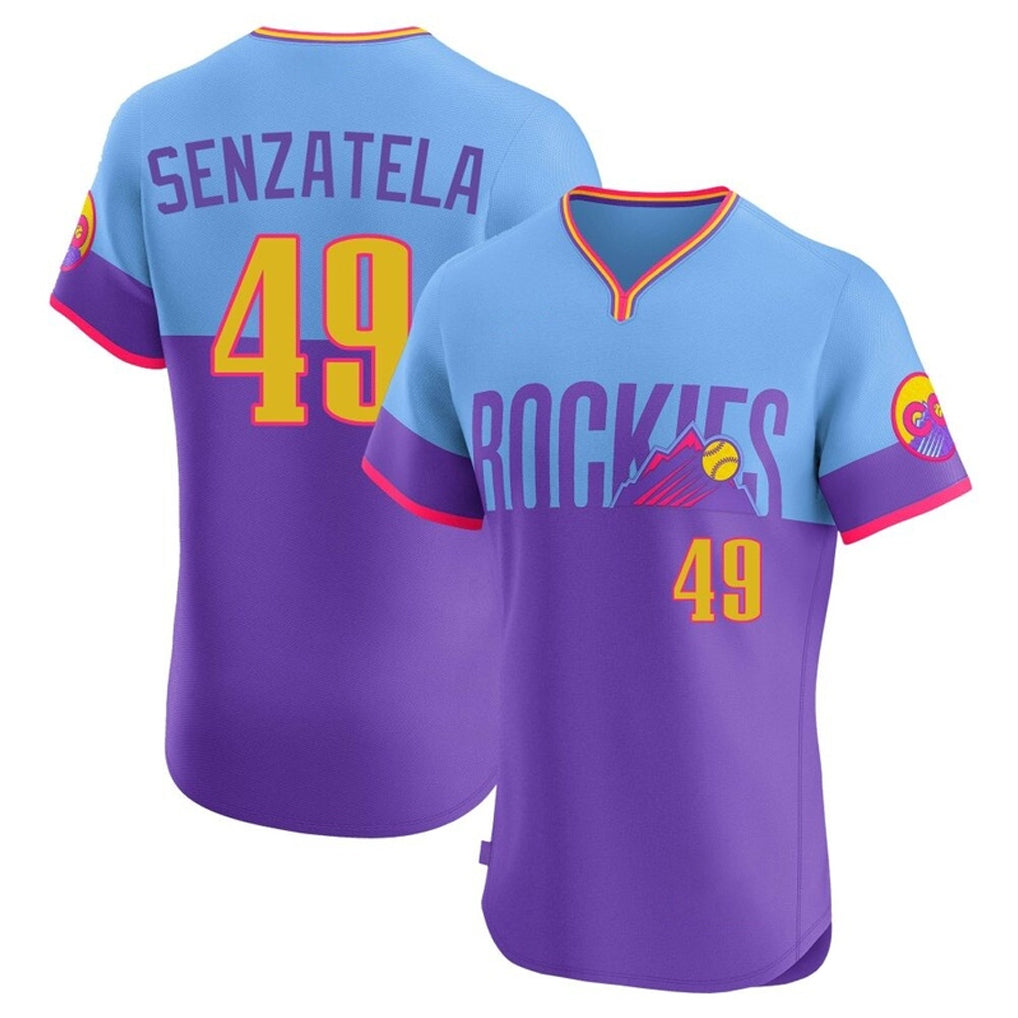tocy C.Rockies #49 Antonio Senzatela Player Purple-Light Blue City Connect Limited Elite Home T-shirt Stitched Jerseys
