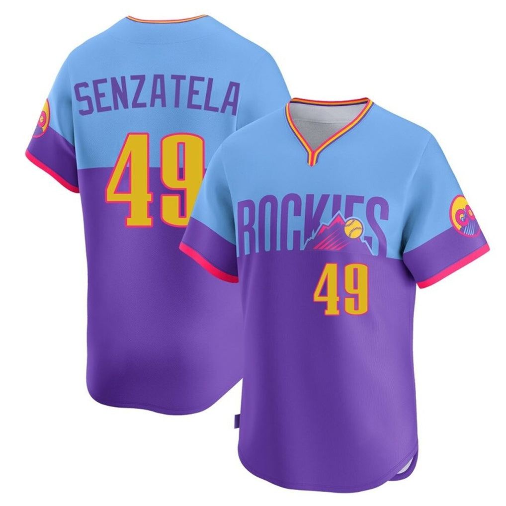 tocy C.Rockies #49 Antonio Senzatela Player Purple-Light Blue City Connect Limited Home T-shirt Stitched Jerseys