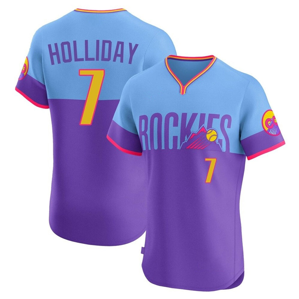 tocy C.Rockies #7 Matt Holliday Player Purple-Light Blue City Connect Limited Elite Home T-shirt Stitched Jerseys