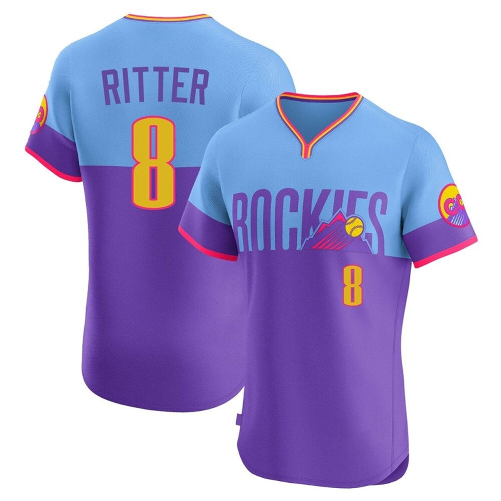 tocy C.Rockies #8 Ryan Ritter Player Purple-Light Blue City Connect Limited Elite Home T-shirt Stitched Jerseys