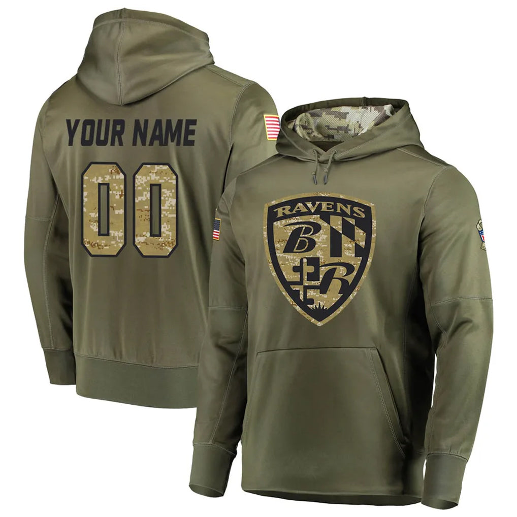 tocy Custom B.Ravens Olive Salute to Service Pullover Hoodie Any Name & Numbers Stitched Jerseys