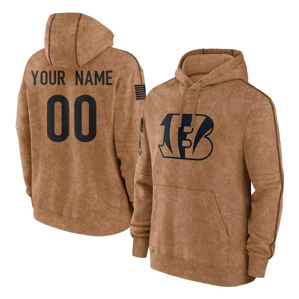 tocy Custom C.Bengals Brown Salute to Service Pullover Hoodie Limited Any Name & Numbers Stitched Jerseys