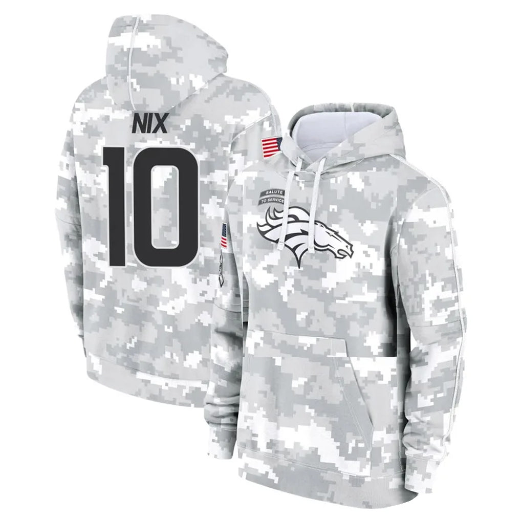 tocy D.Broncos #10 Bo Nix Player Arctic Camo Salute to Service Hoodies Limited Game Stitched Jerseys