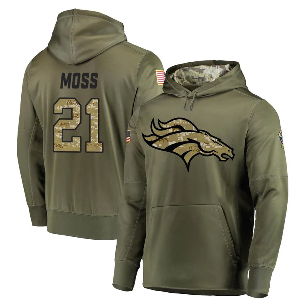 tocy D.Broncos #21 Riley Moss Player Olive Salute to Service Pullover Hoodies Home Game Stitched Jerseys