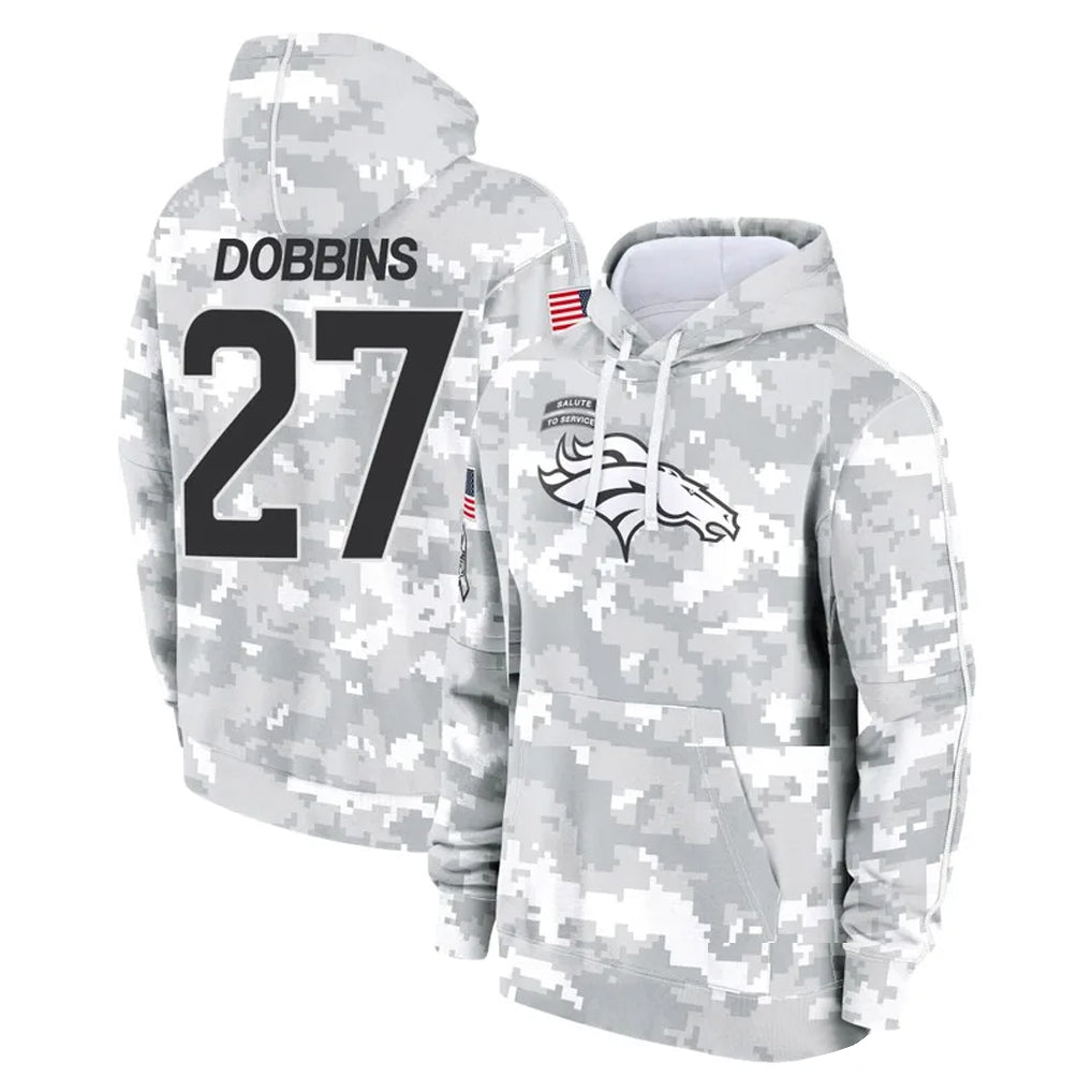 tocy D.Broncos #27 J.K. Dobbins Player Arctic Camo Salute to Service Hoodies Limited Game Stitched Jerseys