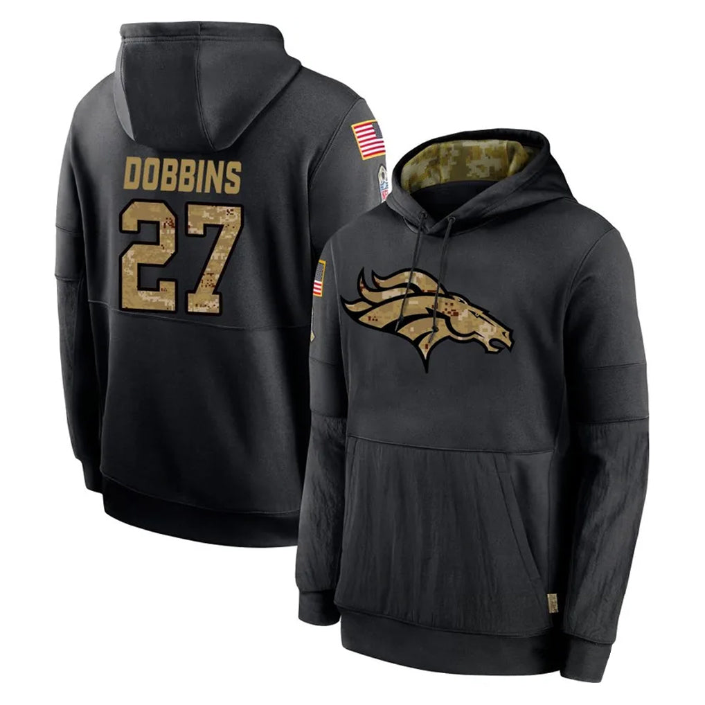 tocy D.Broncos #27 J.K. Dobbins Player Black Salute to Service Pullover Hoodies Limited Stitched Jerseys