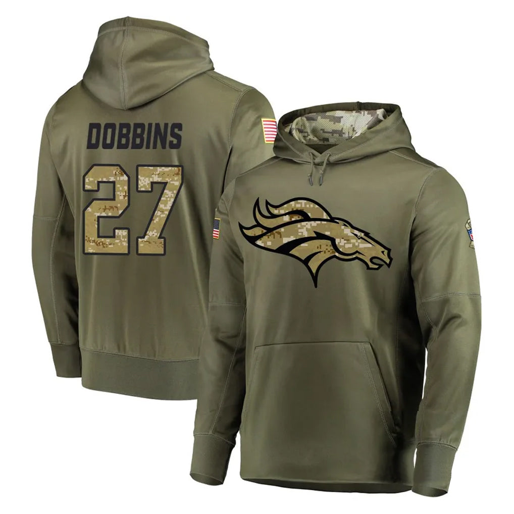 tocy D.Broncos #27 J.K. Dobbins Player Olive Salute to Service Pullover Hoodies Home Game Stitched Jerseys