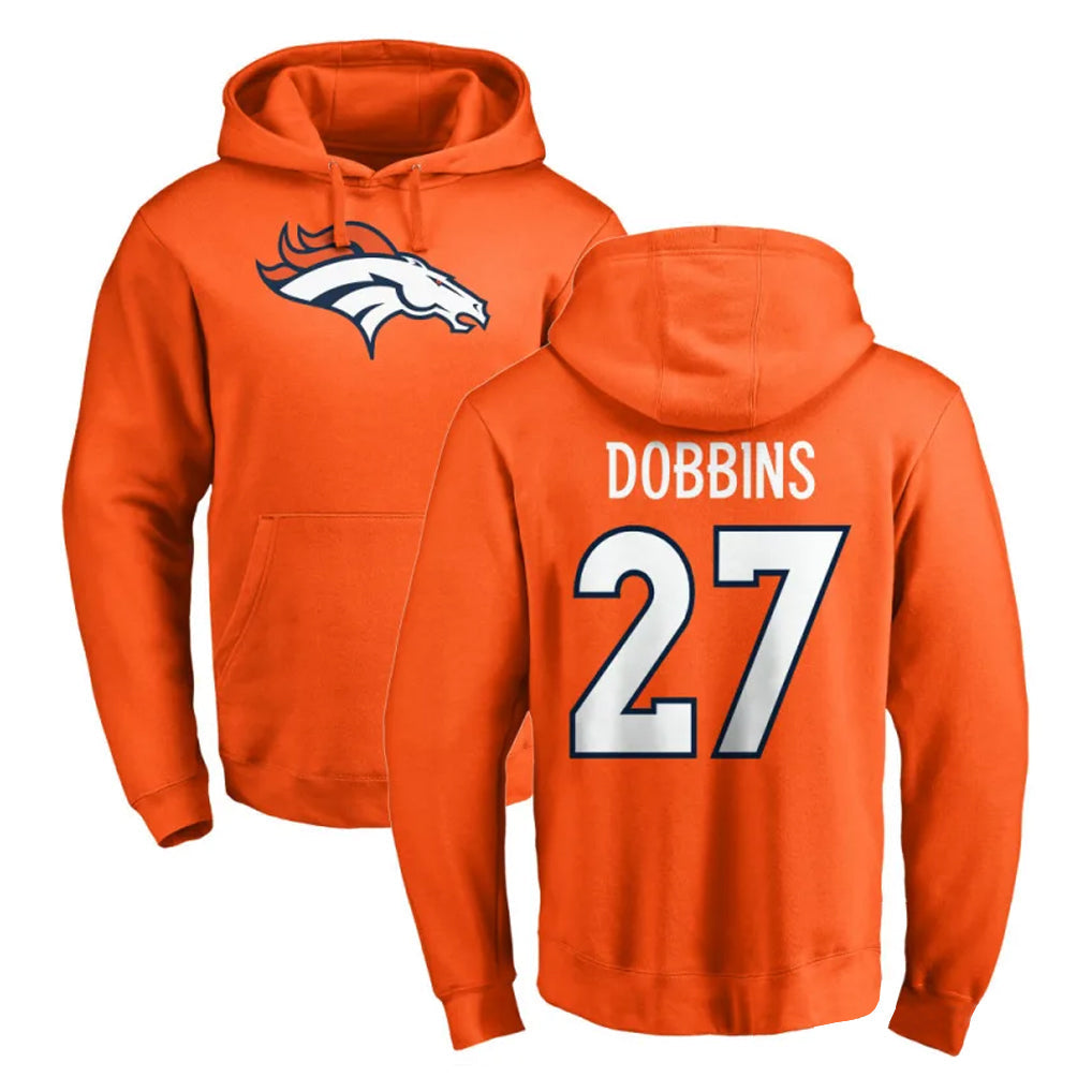 tocy D.Broncos #27 J.K. Dobbins Player Orange Pullover Hoodie Limited Stitched Jerseys