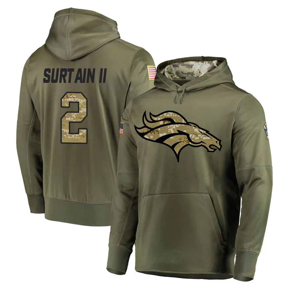 tocy D.Broncos #2 Pat Surtain II Player Olive Salute to Service Pullover Hoodies Home Game Stitched Jerseys