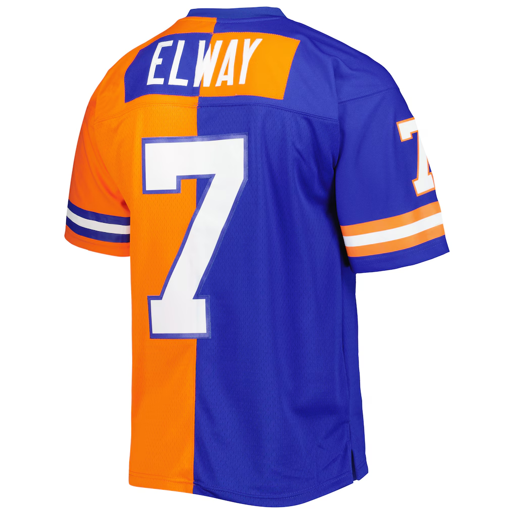 tocy D.Broncos #7 John Elway Mitchell & Ness RoyalOrange 1990 Split Legacy Replica Stitched Puhic Jersey