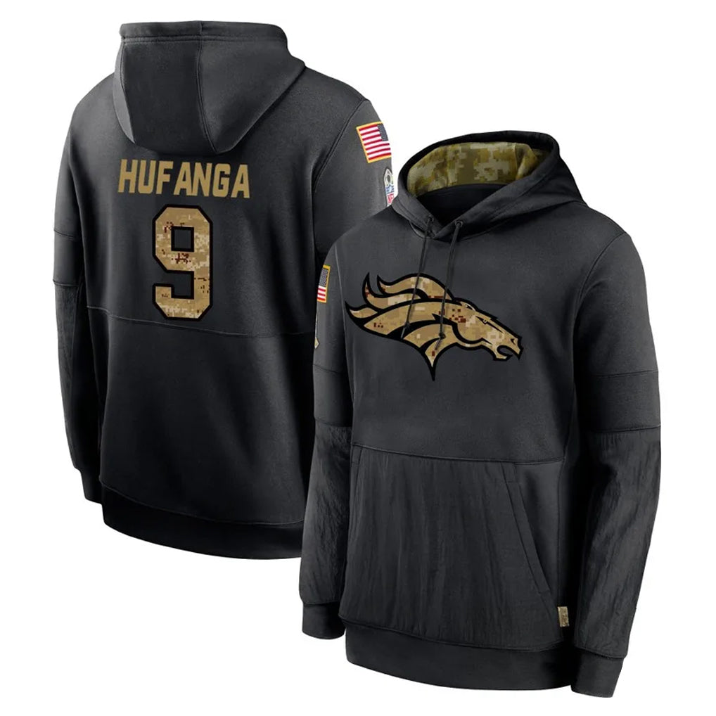 tocy D.Broncos #9 Talanoa Hufanga Player Black Salute to Service Pullover Hoodies Limited Stitched Jerseys