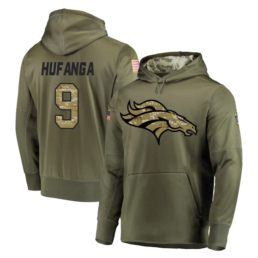 tocy D.Broncos #9 Talanoa Hufanga Player Olive Salute to Service Pullover Hoodies Home Game Stitched Jerseys