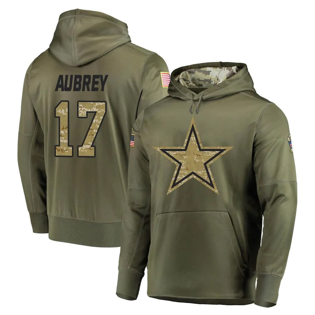 tocy D.Cowboys #17 Brandon Aubrey Player Olive Salute to Service Pullover Hoodies Home Game Stitched Jerseys