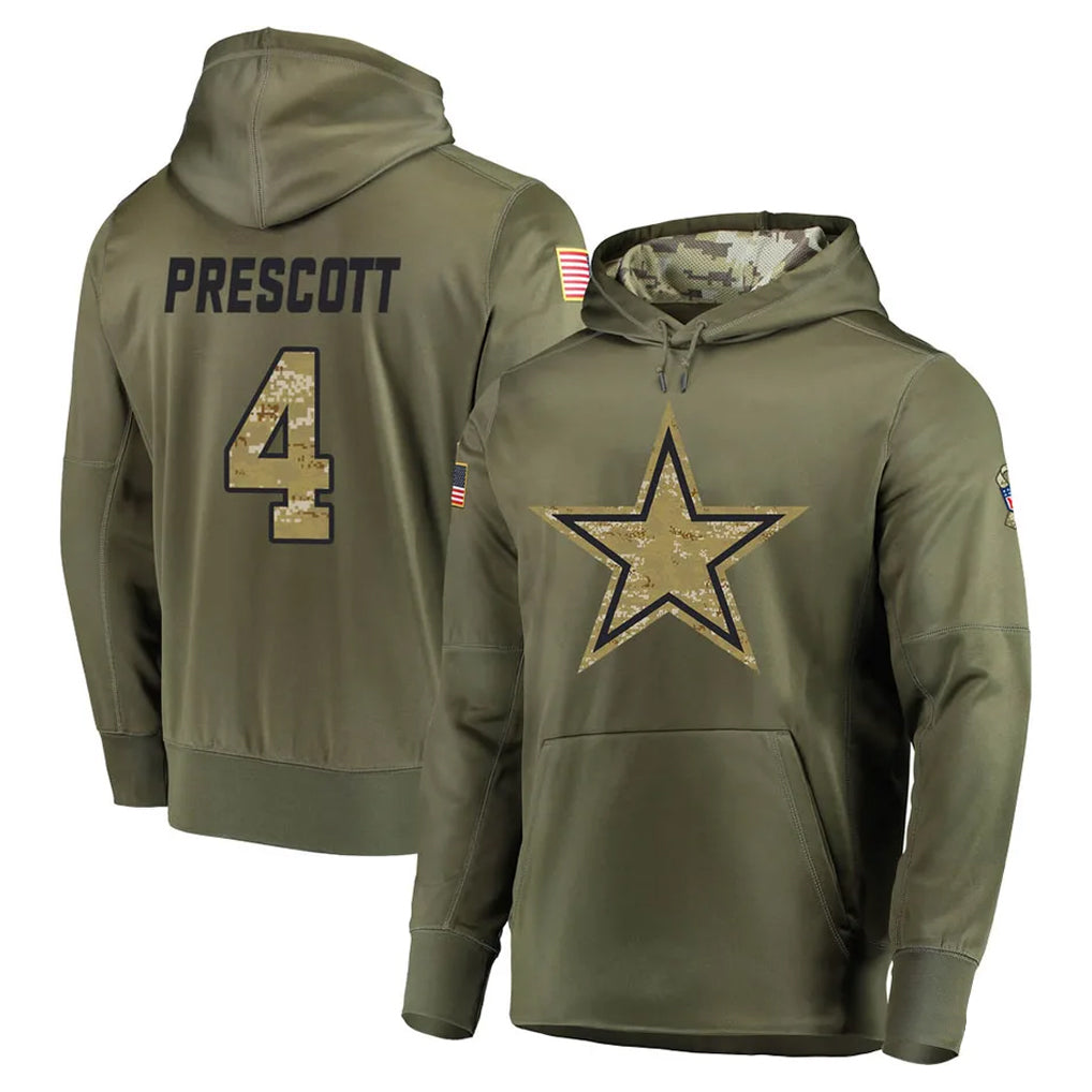 tocy D.Cowboys #4 Dak Prescott Player Olive Salute to Service Pullover Hoodies Home Game Stitched Jerseys