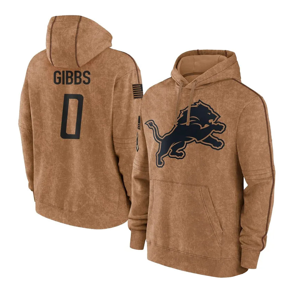 tocy D.Lions #0 Jahmyr Gibbs Player Brown Salute to Service Hoodies Limited Game Stitched Jerseys