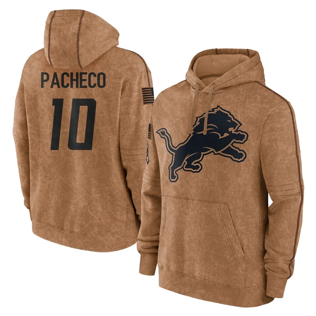 tocy D.Lions #10 Isiah Pacheco Player Brown Salute to Service Hoodies Limited Game Stitched Jerseys