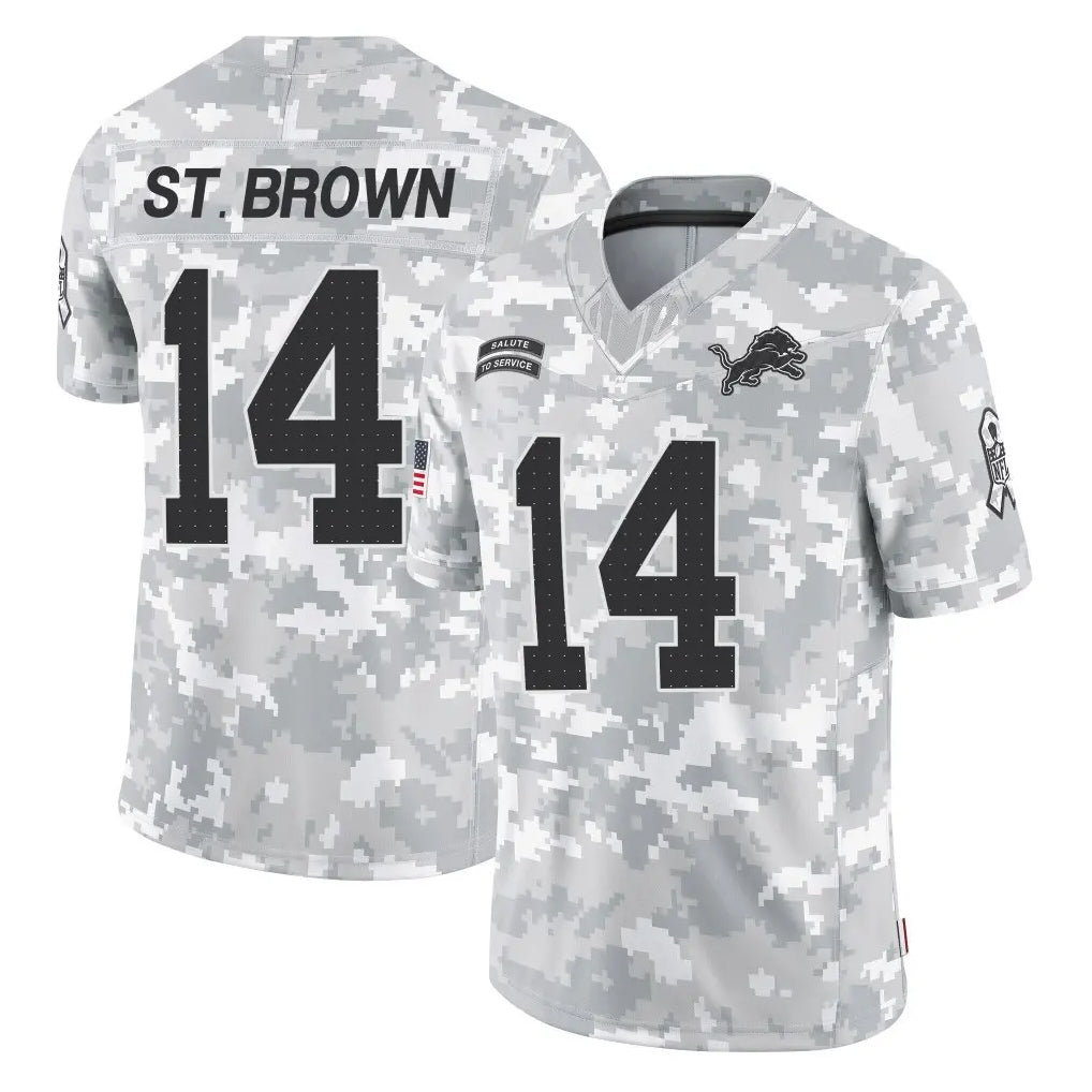 tocy D.Lions #14 Amon-Ra St. Brown Player Arctic Camo Salute To Service Limited Stitched Jerseys