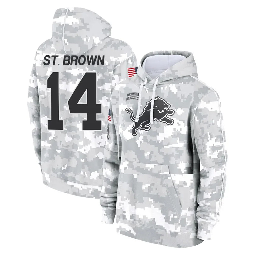 tocy D.Lions #14 Amon-Ra St. Brown Player Arctic Camo Salute to Service Hoodies Limited Game Stitched Jerseys