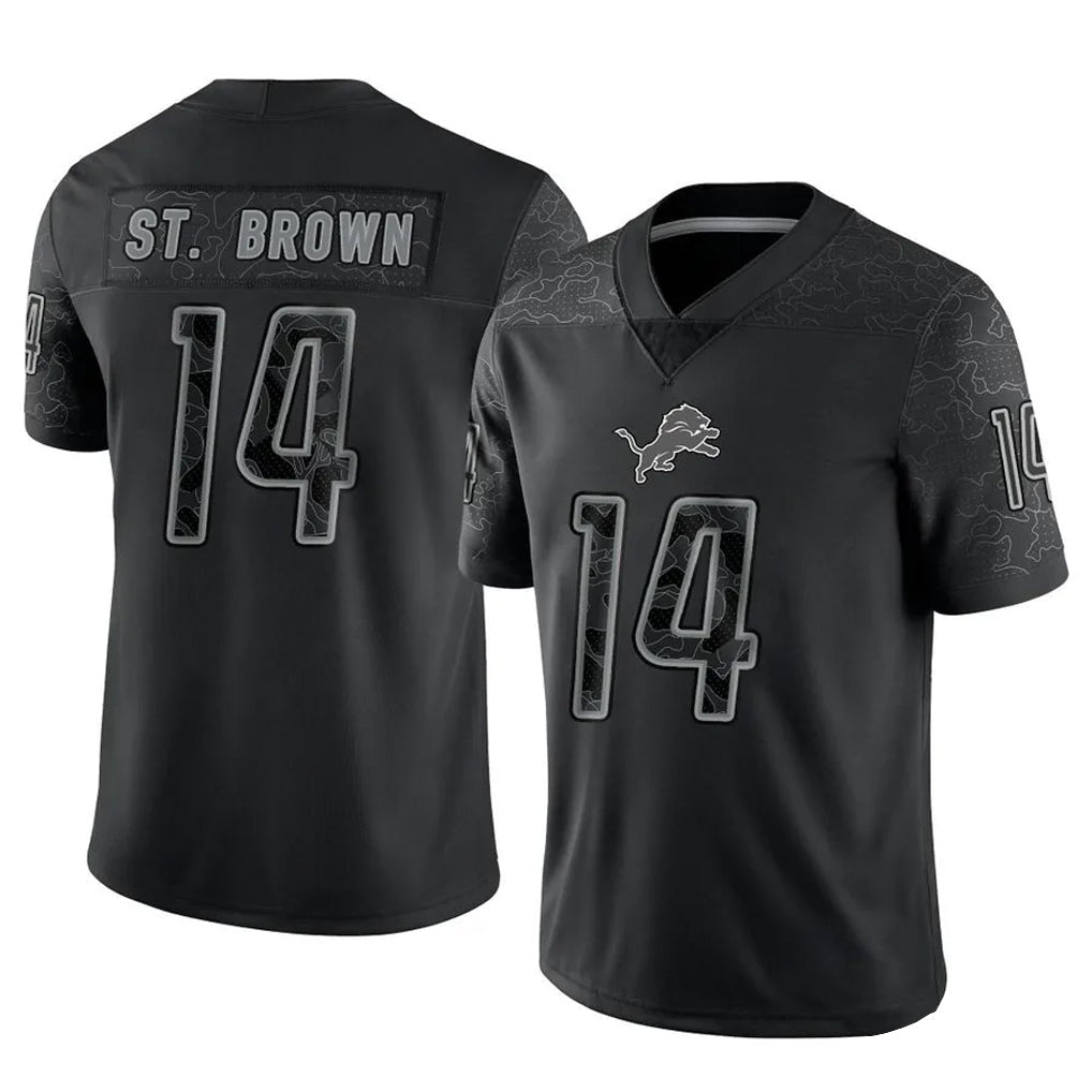tocy D.Lions #14 Amon-Ra St. Brown Player Black REFLECTIVE Limited Stitched Jerseys