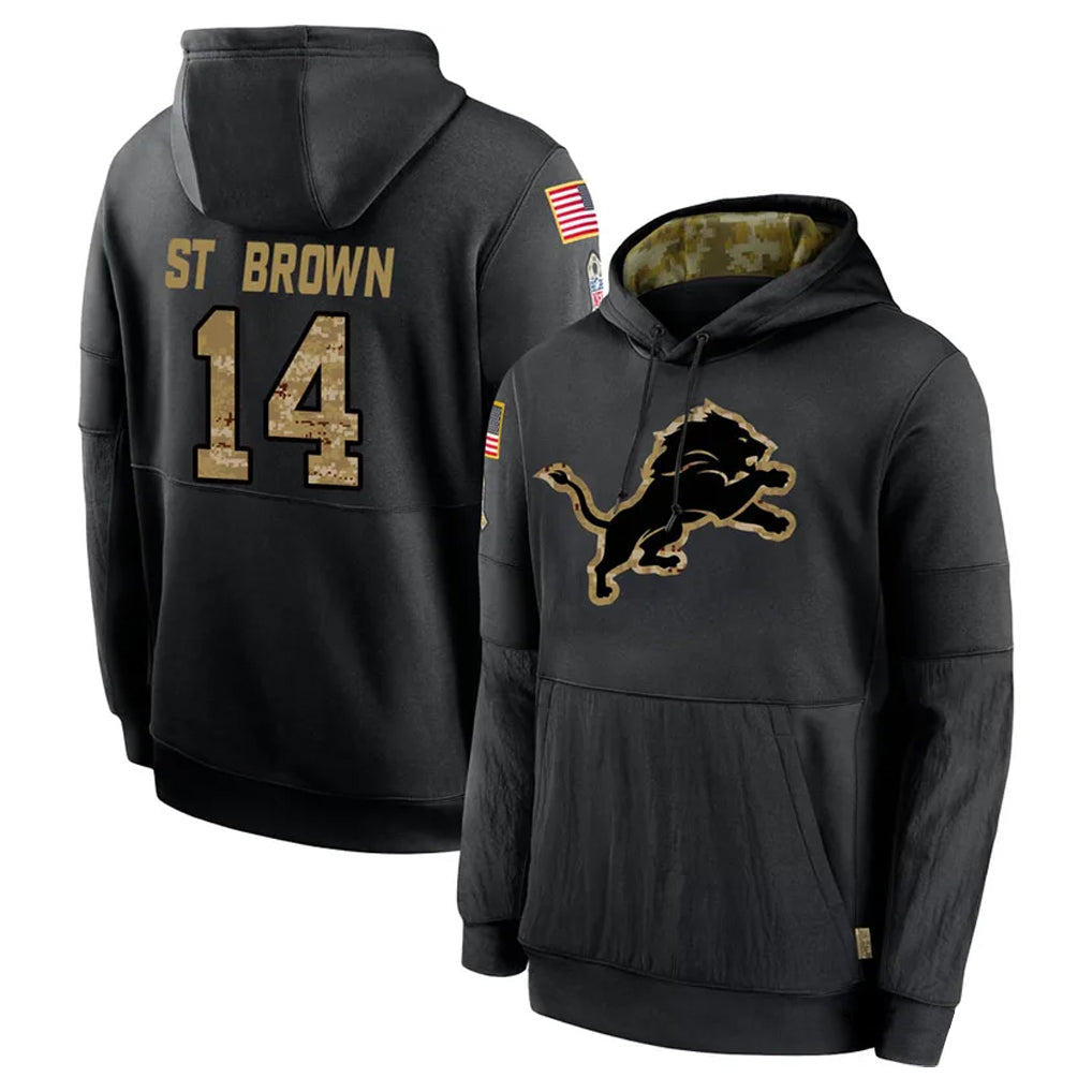 tocy D.Lions #14 Amon-Ra St. Brown Player Black Salute to Service Hoodies Limited Game Stitched Jerseys