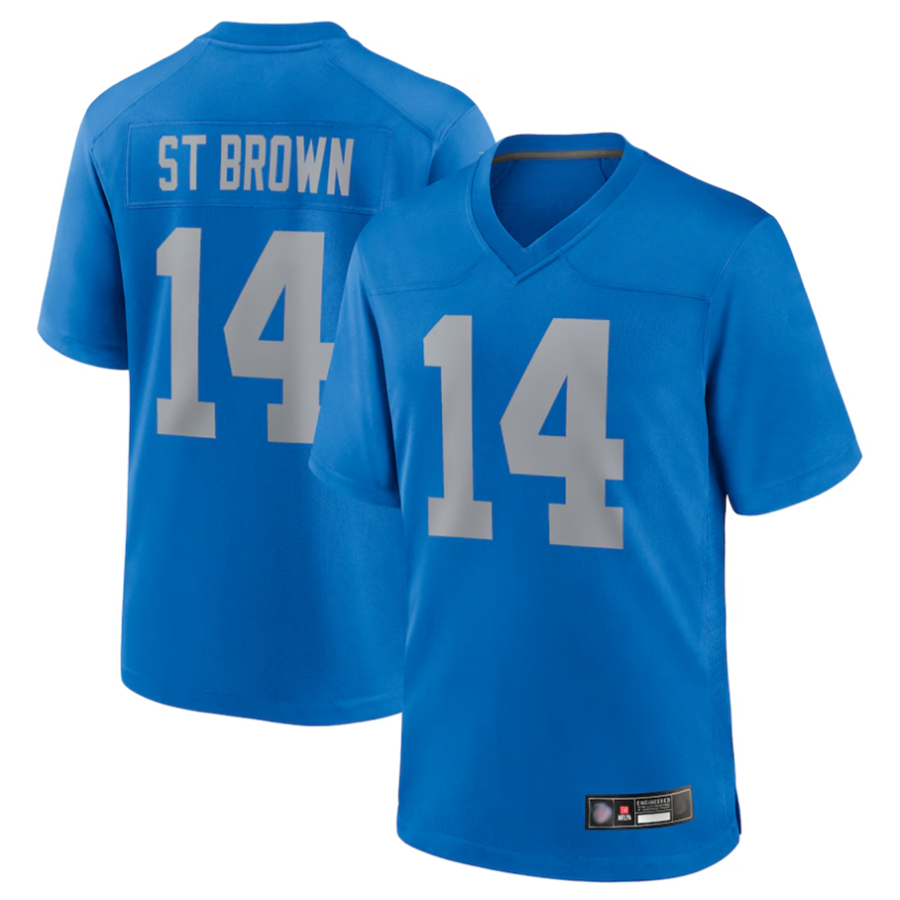 tocy D.Lions #14 Amon-Ra St. Brown Player Blue Game Replica Stitched Jerseys