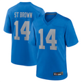 tocy D.Lions #14 Amon-Ra St. Brown Player Blue Game Replica Stitched Jerseys