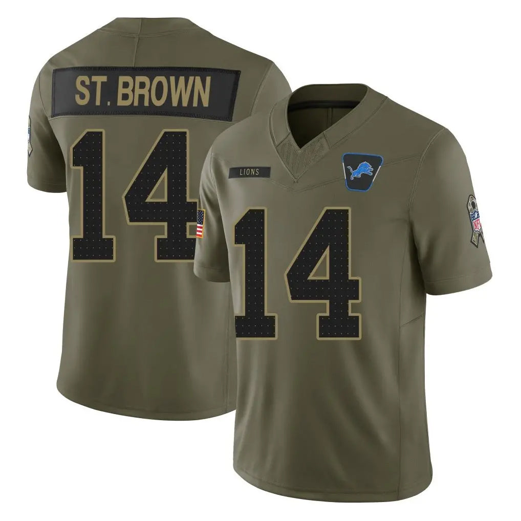 tocy D.Lions #14 Amon-Ra St. Brown Player Olive 2025 Salute To Service Limited Home Game Stitched Jerseys