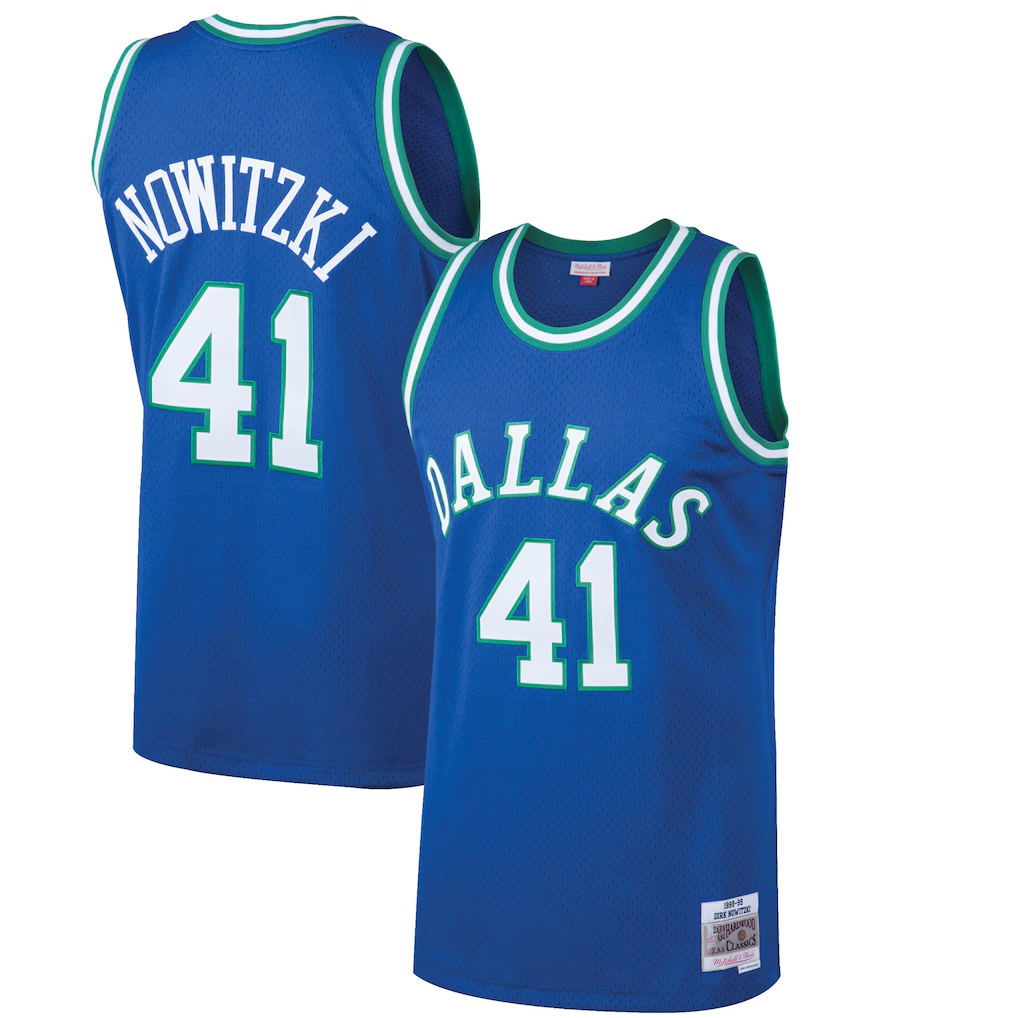 tocy D.Mavericks #41 Dirk Nowitzki Mitchell & Ness Blue 199899 Hardwood Classics Swingman Jerseys