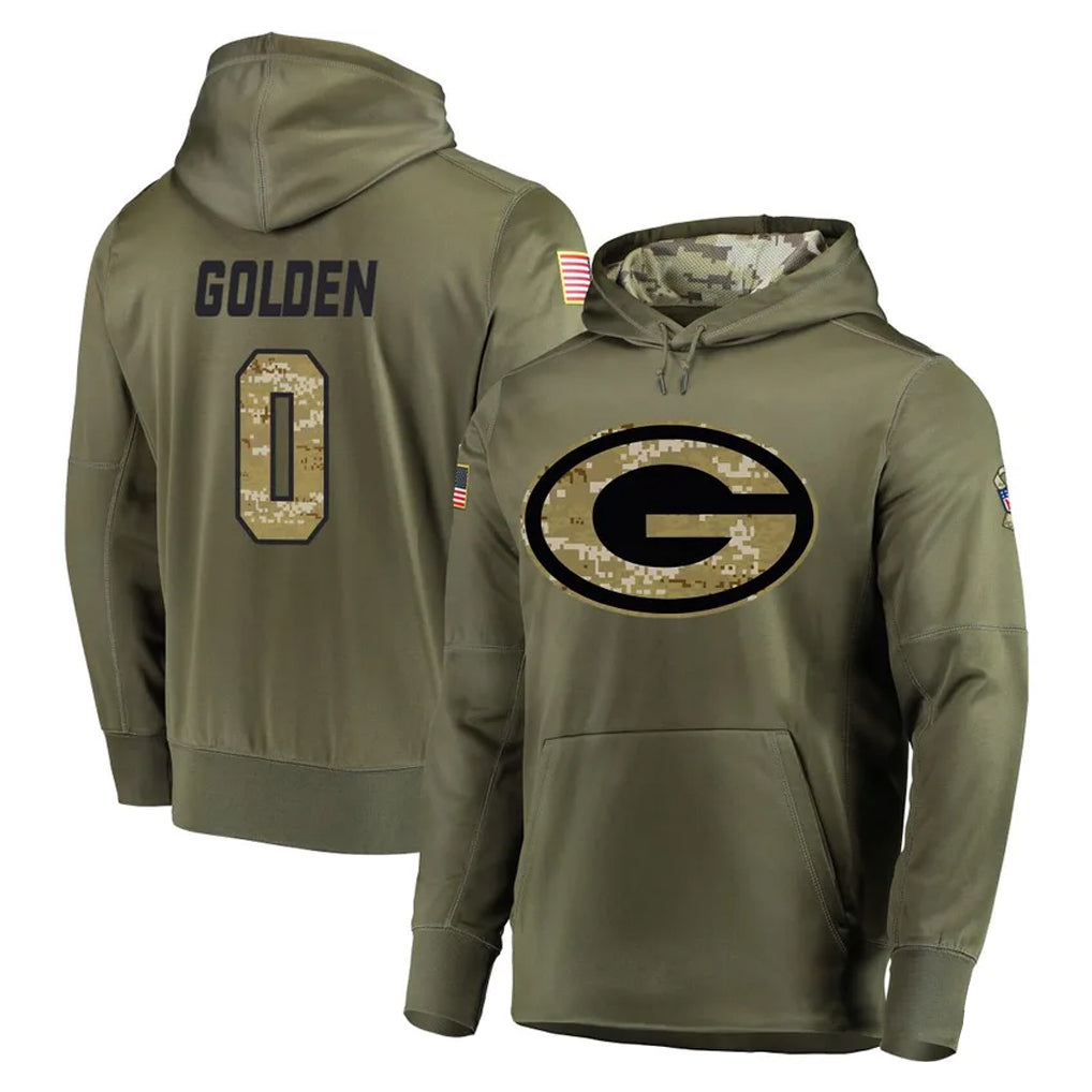 tocy GB.Packers #0 Matthew Golden Player Olive Salute to Service Pullover Hoodies Home Game Stitched Jerseys
