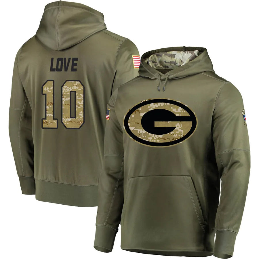 tocy GB.Packers #10 Jordan Love Player Olive Salute to Service Pullover Hoodie Game Stitched Jerseys