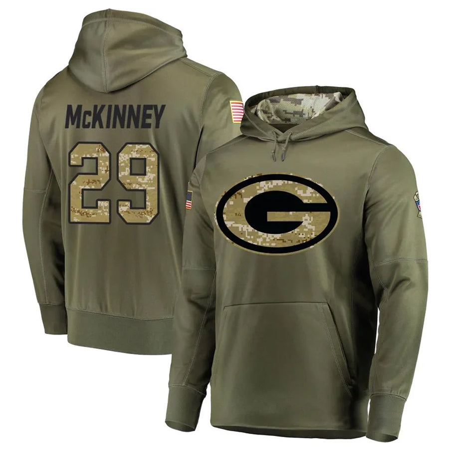 tocy GB.Packers #29 Xavier McKinney Player Olive Salute to Service Pullover Hoodie Game Stitched Jerseys