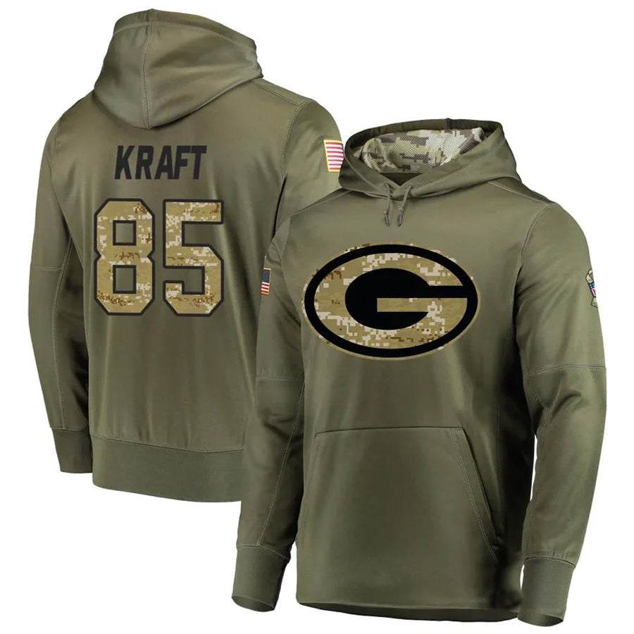 tocy GB.Packers #85 Tucker Kraft Player Olive Salute to Service Pullover Hoodie Game Stitched Jerseys