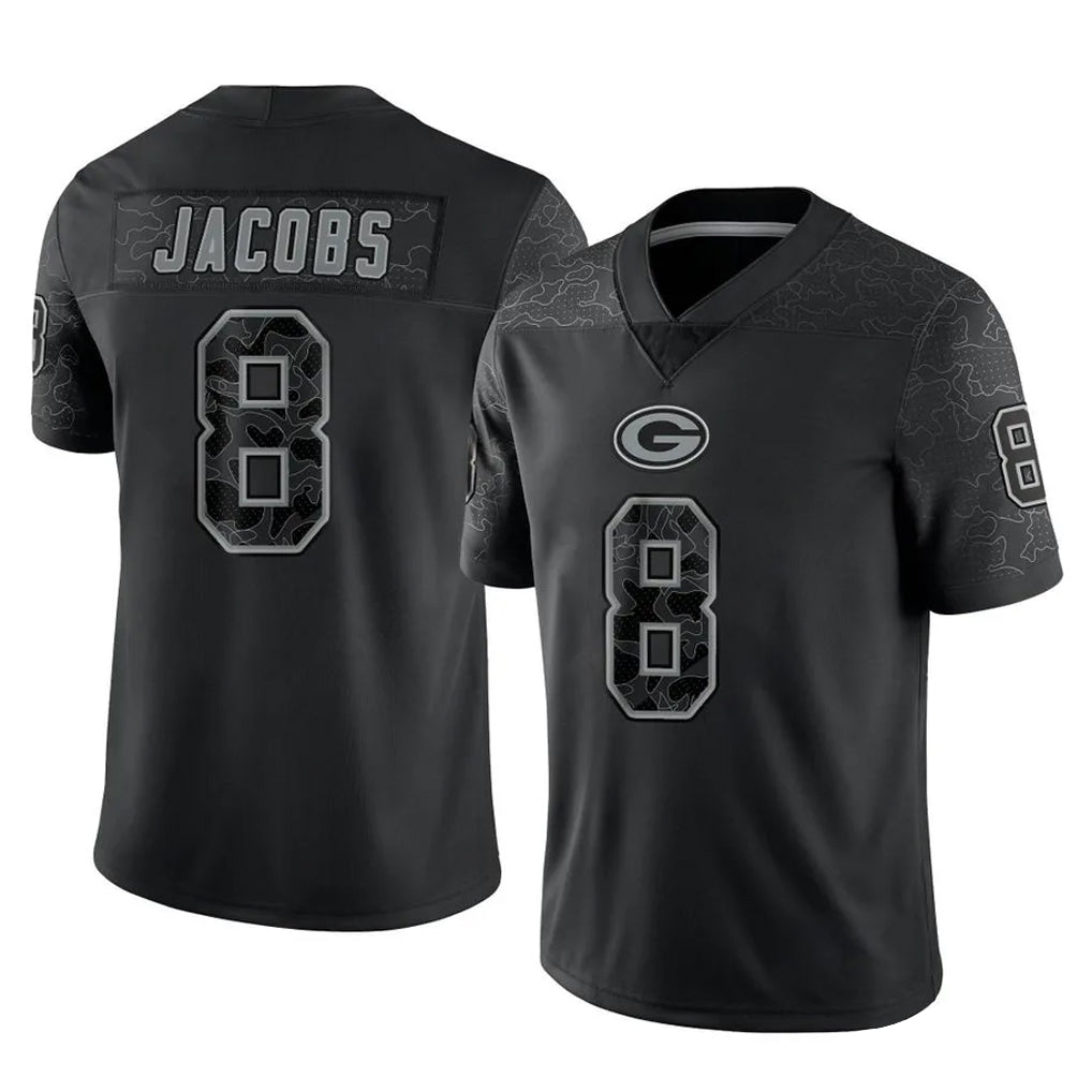 tocy GB.Packers #8 Josh Jacobs Player Black Reflective Limited Home Game Stitched Jerseys