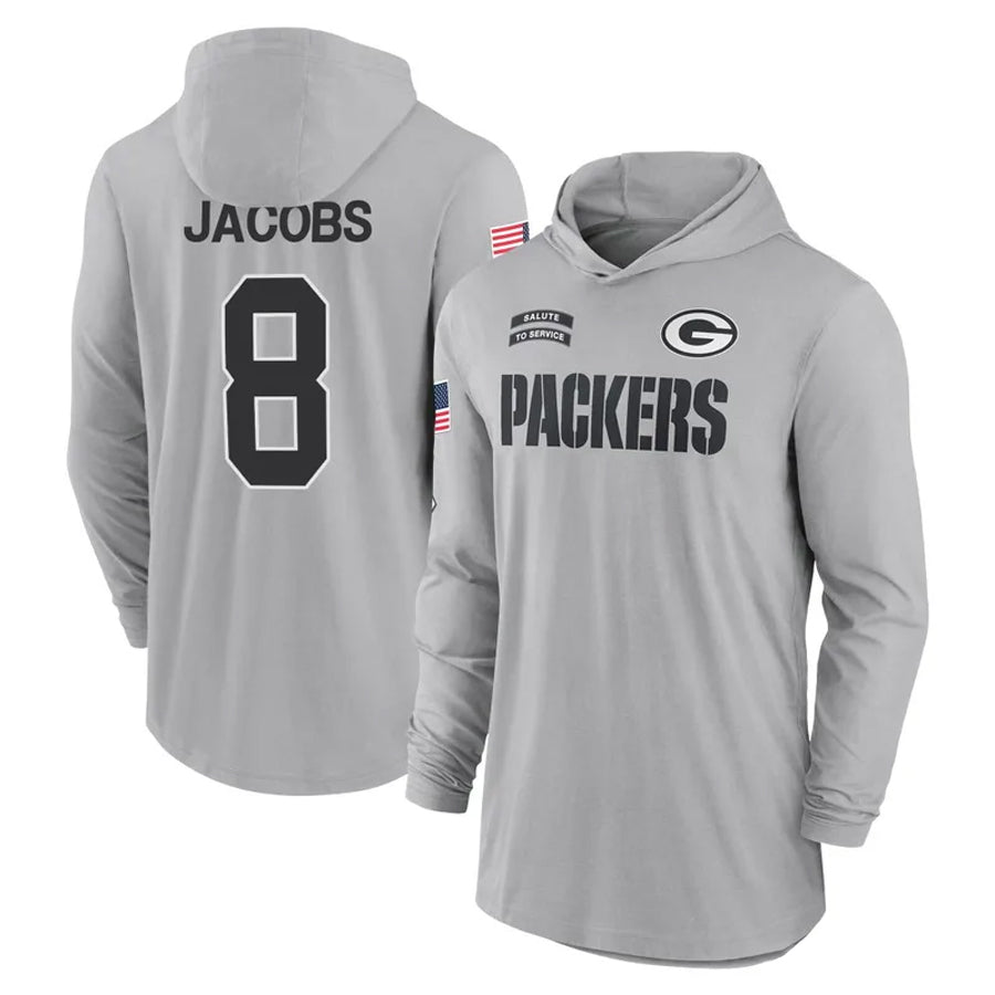 tocy GB.Packers #8 Josh Jacobs Player Gray Salute to Service Hoodies Game Stitched Jerseys