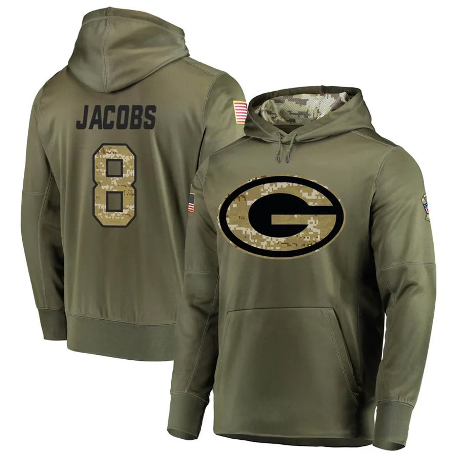 tocy GB.Packers #8 Josh Jacobs Player Olive Salute to Service Pullover Hoodie Game Stitched Jerseys