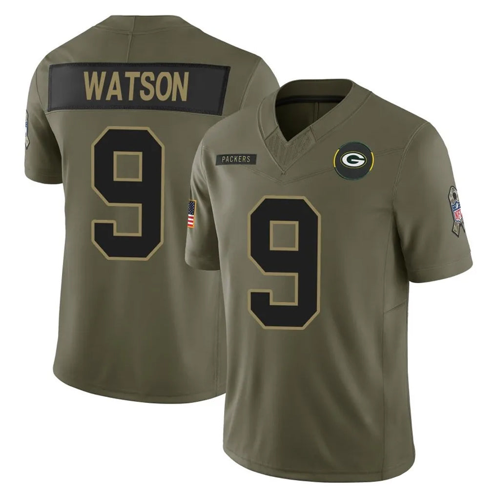tocy GB.Packers #9 Christian Watson Player Olive 2025 Salute To Service Limited Home Game Stitched Jerseys