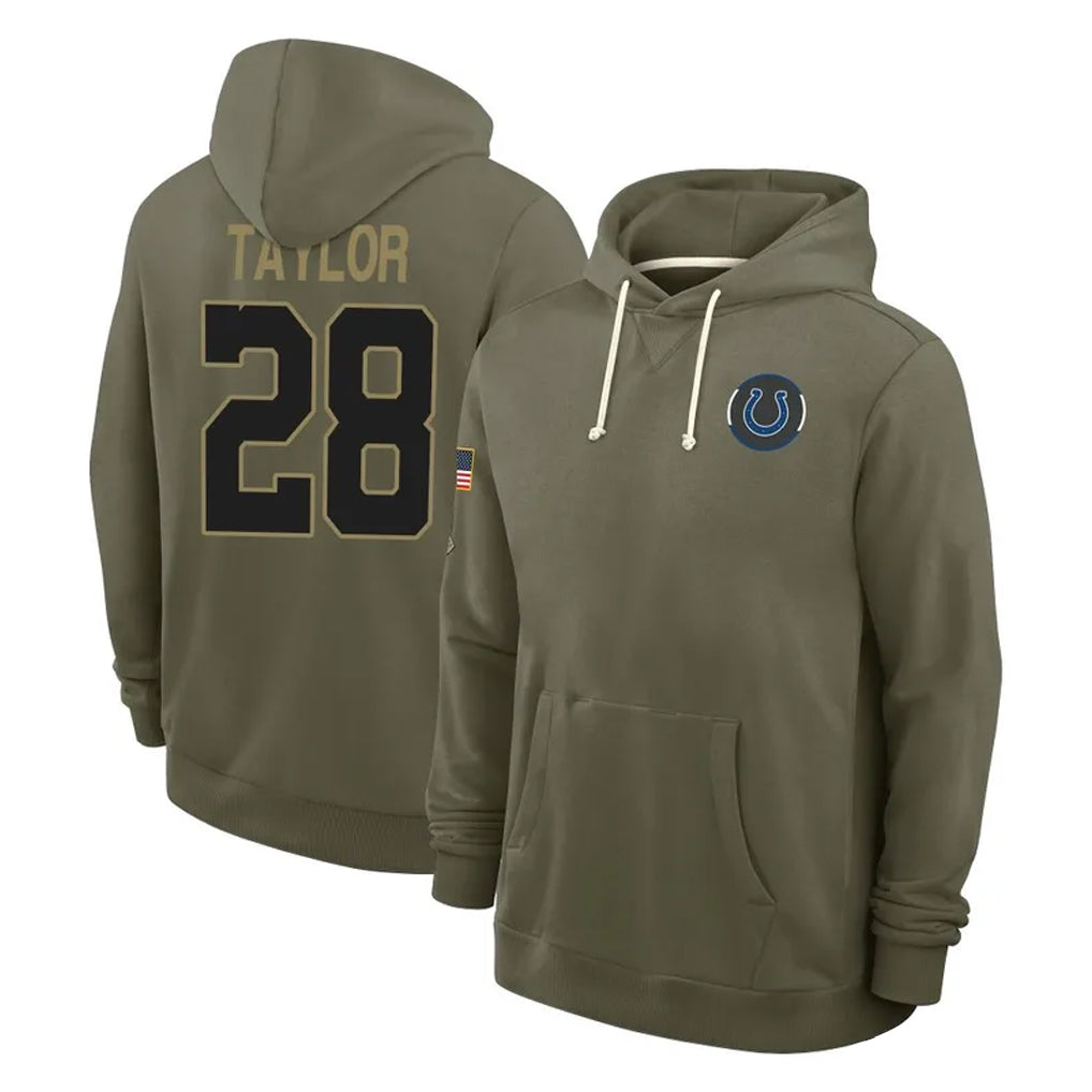 tocy IN.Colts #28 Jonathan Taylor Player Olive Salute to Service Pullover Hoodies Limited Stitched Jerseys